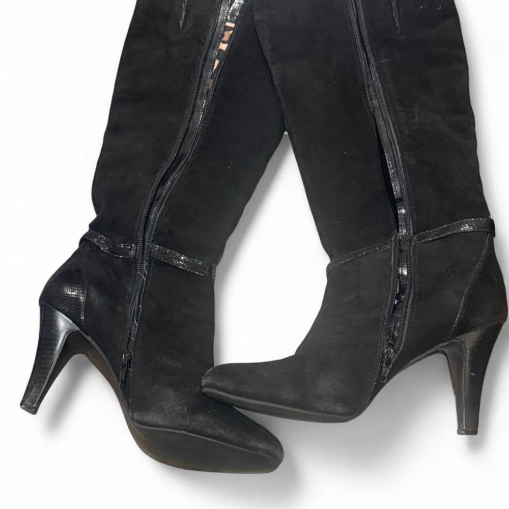 Black Suede Knee High Stiletto Boots Snakeskin Trim Leopard Lining Pointed‎ Toe